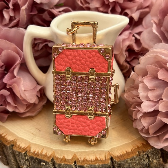 Pink & Gold Crystal Luggage Keychain Charm - Picture 2 of 16